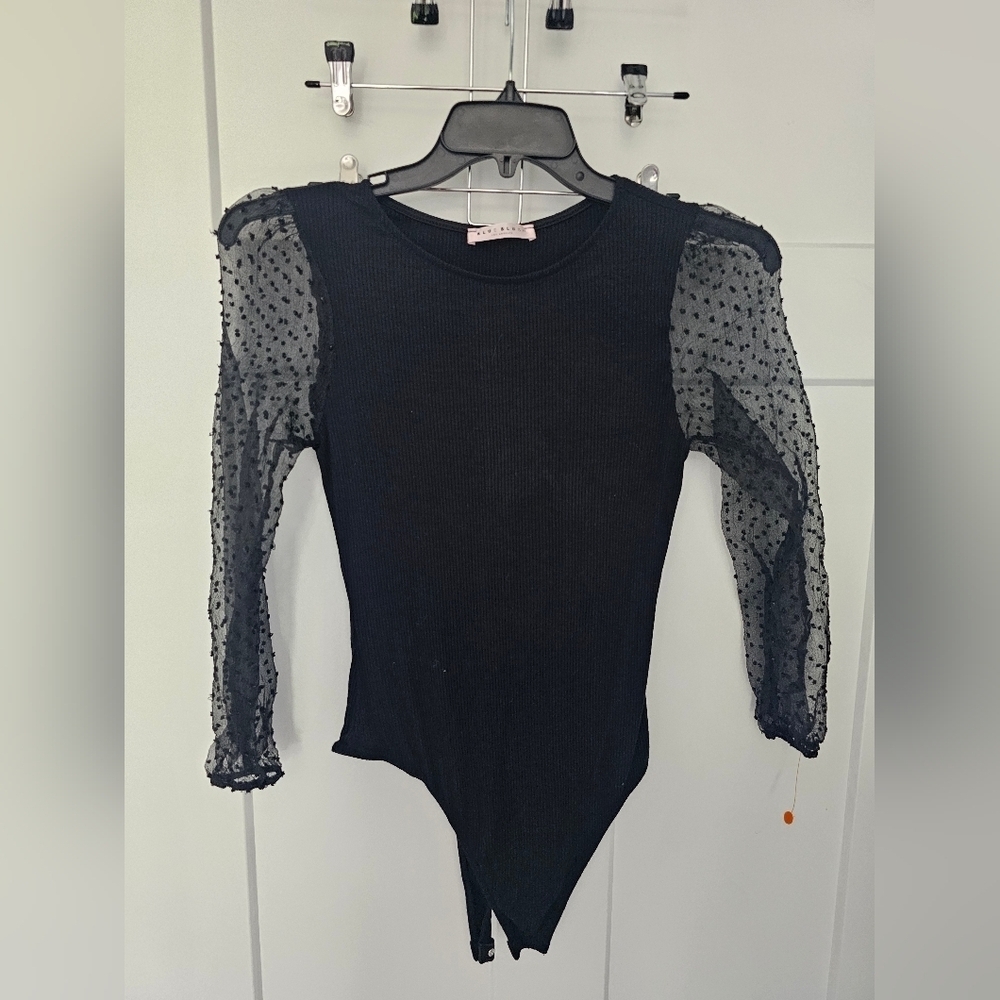 Blue Blush Black Ribbed Puff Mesh Sleeve Bodysuit Size Large